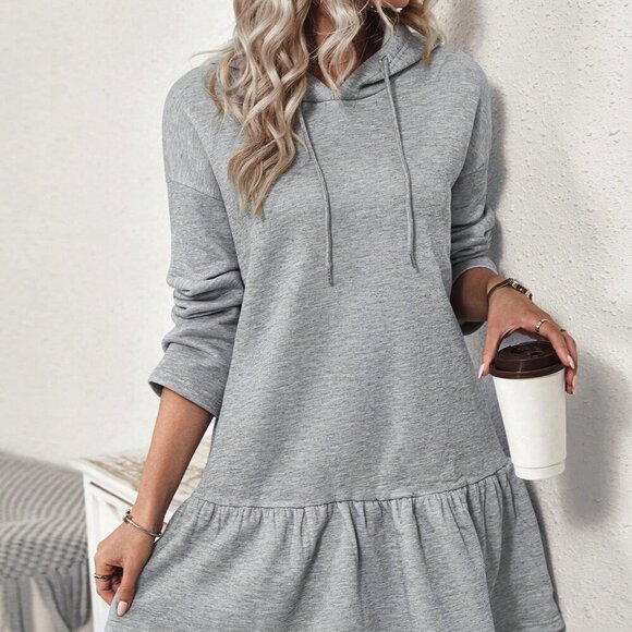 Grey Casual Women's Drop Shoulder Ruffle Hem Drawstring Hooded Dress - Picture 4 of 6